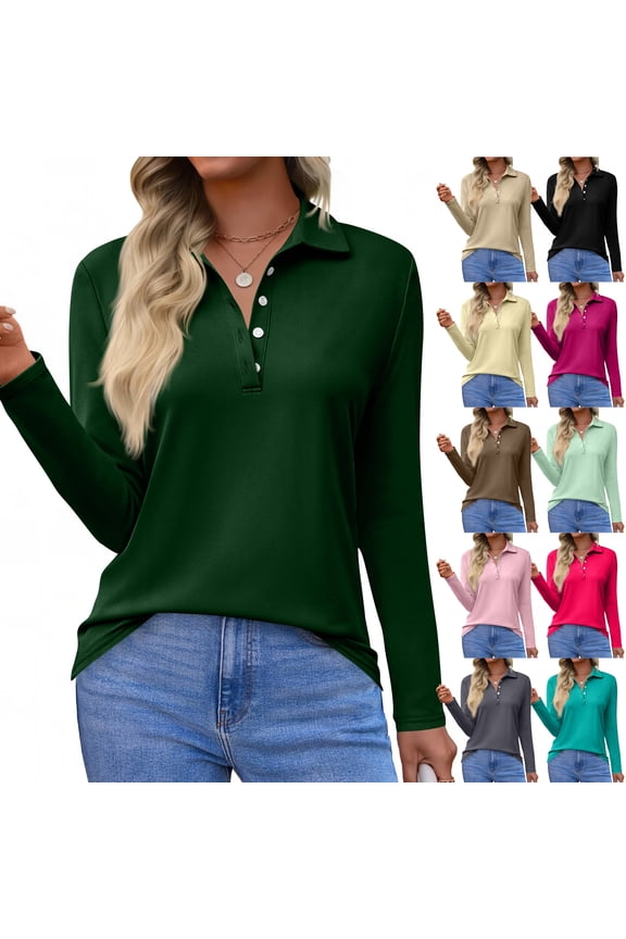 Womens Long Sleeve Polo Shirts Business Work Casual V Neck Collared Tops Button Down Loose Fit Tees Shirts Hot Pink XL