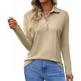 thumbnail image 1 of Womens Long Sleeve Polo Shirts Business Work Casual V Neck Collared Tops Button Down Loose Fit Tees Shirts Khaki 2XL, 1 of 4
