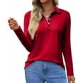thumbnail image 1 of Womens Long Sleeve Polo Shirts Business Work Casual V Neck Collared Tops Button Down Loose Fit Tees Shirts Red 2XL, 1 of 4
