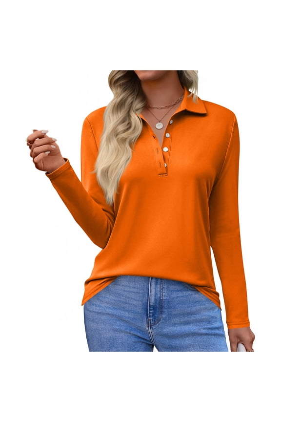Womens Long Sleeve Polo Shirts Business Work Casual V Neck Collared Tops Button Down Loose Fit Tees Shirts Saffron S