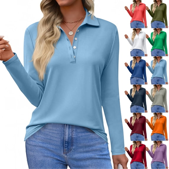 Womens Long Sleeve Polo Shirts Business Work V Neck Collared Tops Casual Button Down Loose Fit Tees Shirts Army Green M