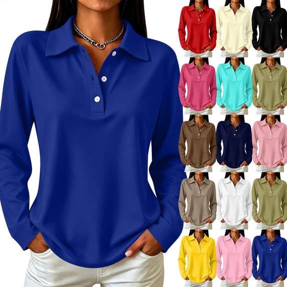 Womens Long Sleeve Polo Shirts Button Down Soft Breathable Collared Retro Golf Office Everyday Tops