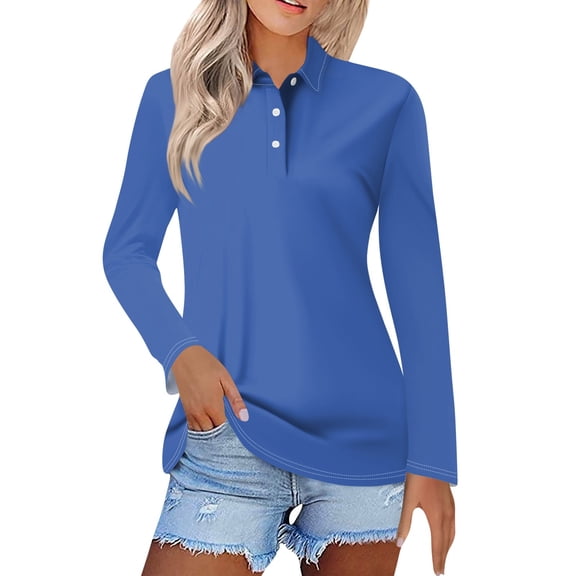 Womens Long Sleeve Polo Shirts Collared Button Down Cotton Tee, Casual Work Fall T-Shirt Top Blue 2XL