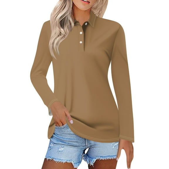 Womens Long Sleeve Polo Shirts Collared Button Down Cotton Tee, Casual Work Fall T-Shirt Top Light Brown S