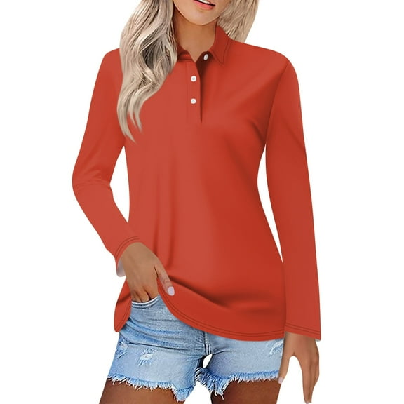 Womens Long Sleeve Polo Shirts Collared Button Down Cotton Tee, Casual Work Fall T-Shirt Top Saffron L