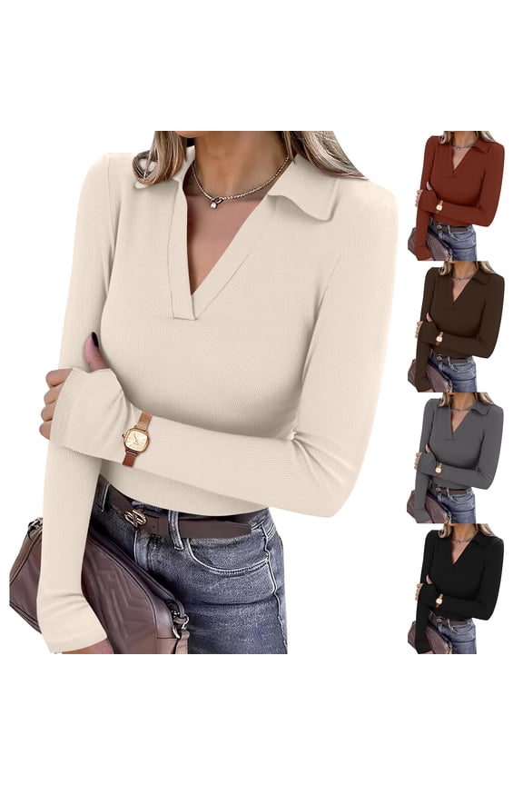 Womens Long Sleeve Polo Shirts Collared V Neck Ribbed Knit Sweater Business Casual Tops Slim Fit Blouses Wine XL