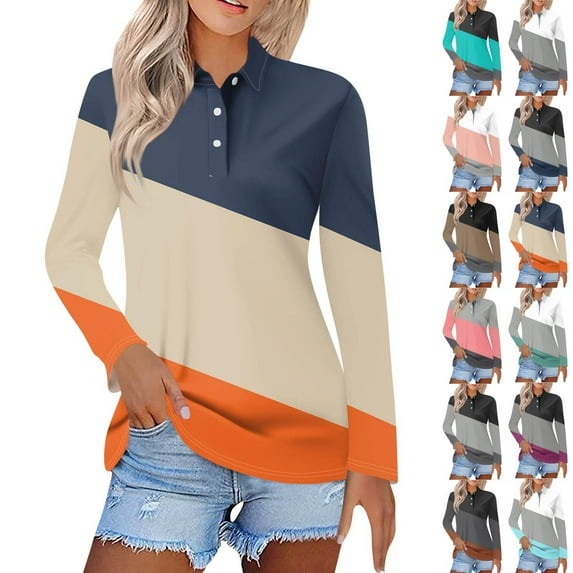 Womens Long Sleeve Polo Shirts Color Block V Neck Collared, Fall Casual Tunic Tees for Weekend Orange 3XL