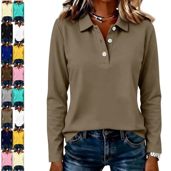 Womens Long Sleeve Polo Shirts V Neck Collared Button Down Shirt | Polo Shirts,V Neck, Collared, Button Down Light Brown 2XL