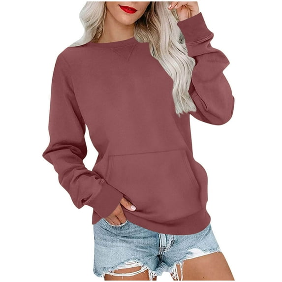 Womens Long Sleeve Pullover, Crewneck Sweatshirts for Women Fall Fashion Loose Fit Solid Color Athletic Thin Sweaters with Pockets S-2XL