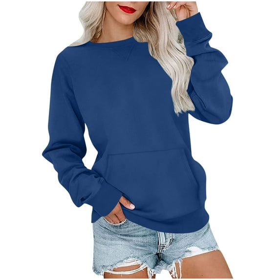Womens Long Sleeve Pullover, Crewneck Sweatshirts for Women Fall Fashion Loose Fit Solid Color Athletic Thin Sweaters with Pockets S-2XL