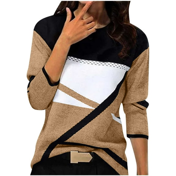 Womens Long Sleeve Pullover, Fall Sweaters for Women Fashion Loose Fit Knitted Color Patchwork Crewneck Sweatshirts S-2XL