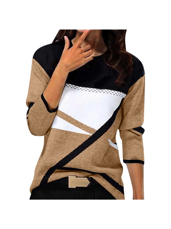 Womens Long Sleeve Pullover, Fall Sweaters for Women Fashion Loose Fit Knitted Color Patchwork Crewneck Sweatshirts S-2XL