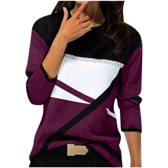 Womens Long Sleeve Pullover, Fall Sweaters for Women Fashion Loose Fit Knitted Color Patchwork Crewneck Sweatshirts S-2XL