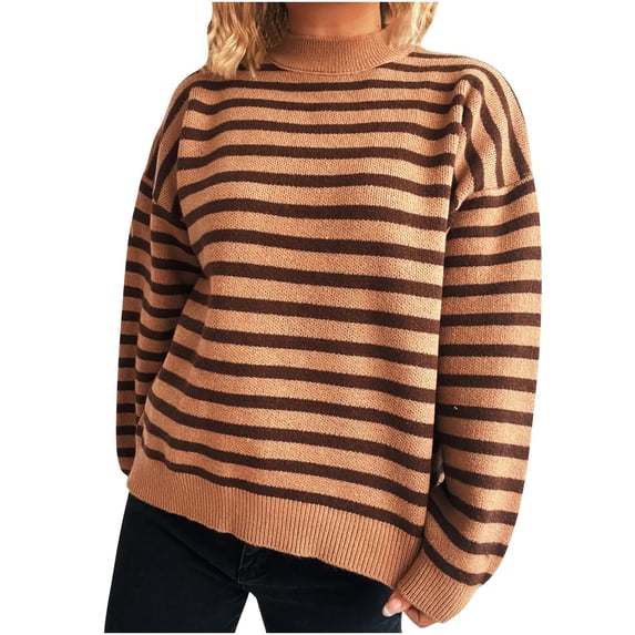Womens Long Sleeve Pullover, Fall Sweaters for Women Fashion Loose Fit Striped Printed Ribbed Knitted Crewneck Sweatshirts S-L