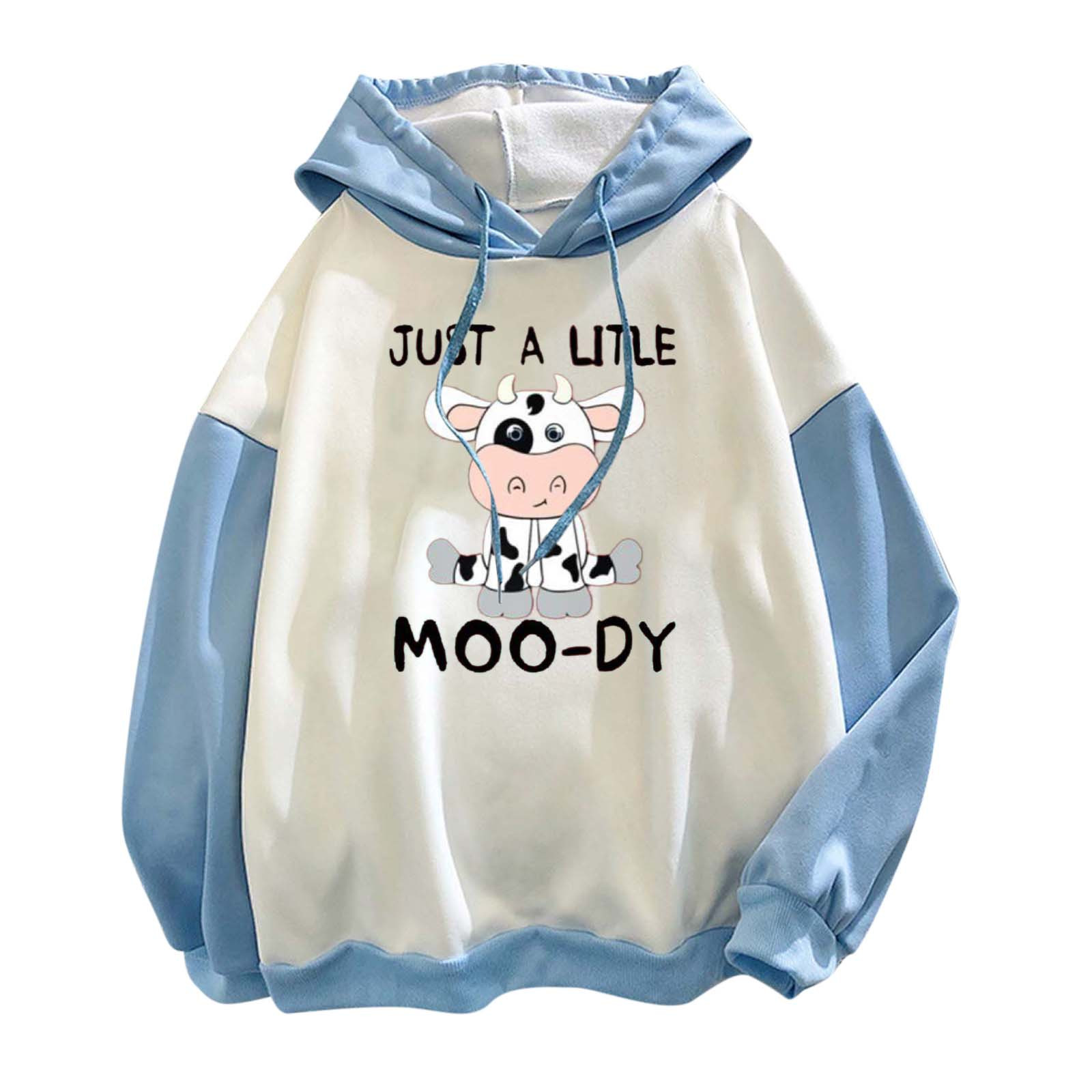 Womens Long Sleeve Pullover Hoodies Cow Print Loose Sweatshirts Color Block Novelty Hooded Shirt