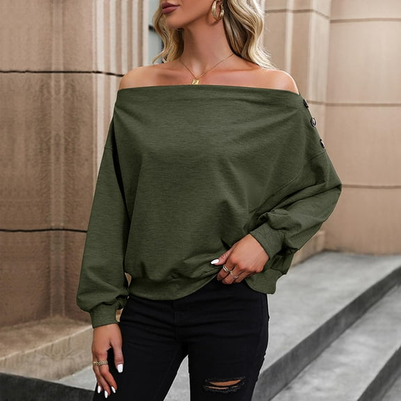Womens Long Sleeve Pullover Sweatshirt off The Shoulder Tops Loose Casual Solid Color Shirts Elastic Hem Blouse (Army Green L)