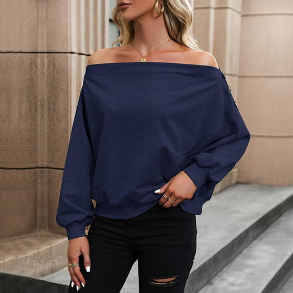 Womens Long Sleeve Pullover Sweatshirt off The Shoulder Tops Loose Casual Solid Color Shirts Elastic Hem Blouse (Blue S)