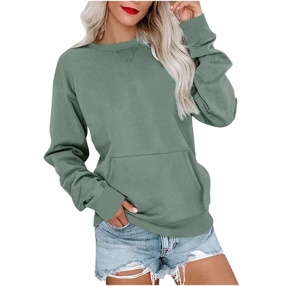 Womens Long Sleeve Pullover Sweatshirt with Front Pocket Casual Crew Neck Plain Cotton Sweater Blouses Loose Fit (Medium, Green)