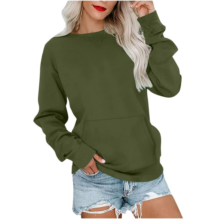 Womens Long Sleeve Pullover Sweatshirt with Front Pocket Casual Crew Neck  Plain Cotton Sweater Blouses Loose Fit (Small, Army Green)