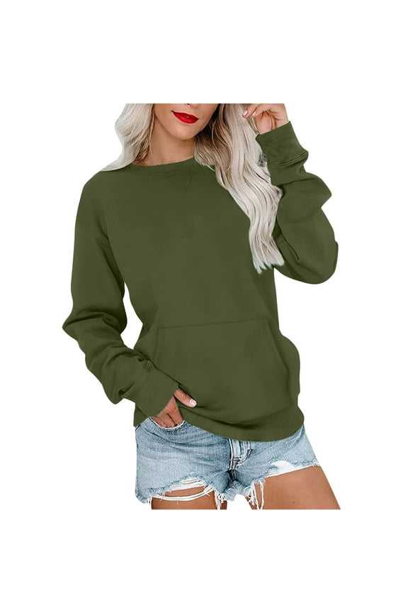 Womens Long Sleeve Pullover Sweatshirt with Front Pocket Casual Crew Neck Plain Cotton Sweater Blouses Loose Fit (Small, Army Green)