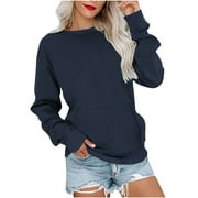 AKOEE Womens Long Sleeve Pullover Sweatshirt with Front Pocket Casual Crew Neck Plain Cotton Sweater Blouses Loose Fit (X-Large, Navy)