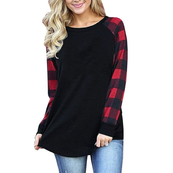 Womens Long Sleeve Pullover Tops Raglan Plaid Sleeve Casual Dressy Tunic Shirts Fall Lightweight Sweatshirt Tops