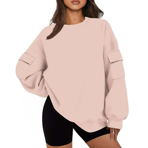 Womens Long Sleeve Pullover with Pockets, Crewneck Sweatshirts for Women Fall Fashion Loose Fit Solid Color Thin Sweaters S-2XL