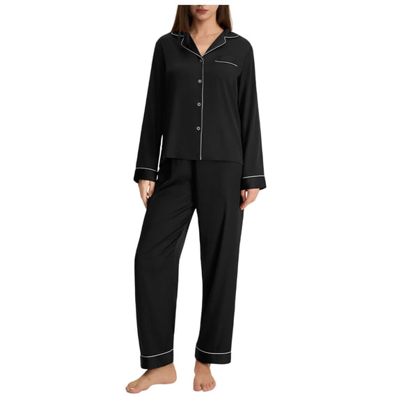 Womens Long Sleeve Pyjamas 2 Piece Outfits Button Down Pyjama Tops and Jogger Pants Sets Black XL