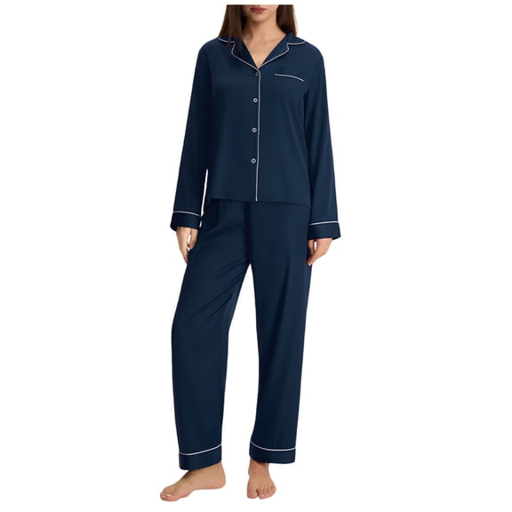 Womens Long Sleeve Pyjamas 2 Piece Outfits Button Down Pyjama Tops and Jogger Pants Sets Navy S