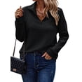 thumbnail image 1 of Womens Long Sleeve Quarter Zip Pullover Sweater Casual Loose V Neck Collared Ribbed Knit Jumper Tops Black XL, 1 of 9