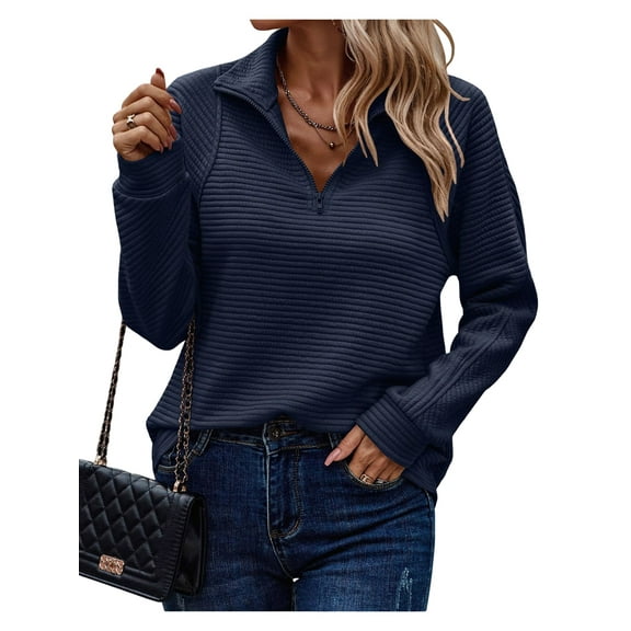 Womens Long Sleeve Quarter Zip Pullover Sweater Casual Loose V Neck Collared Ribbed Knit Jumper Tops Dark Blue L