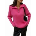 thumbnail image 1 of Womens Long Sleeve Quarter Zip Pullover Sweater Casual Loose V Neck Collared Ribbed Knit Jumper Tops Pink M, 1 of 8