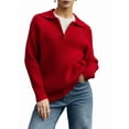 thumbnail image 1 of Womens Long Sleeve Quarter Zip Pullover Sweater Casual Loose V Neck Collared Ribbed Knit Jumper Tops Red M, 1 of 8