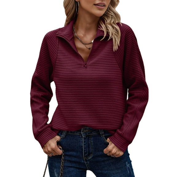 Womens Long Sleeve Quarter Zip Pullover Sweater Casual Loose V Neck Collared Ribbed Knit Jumper Tops Wine Red XXL