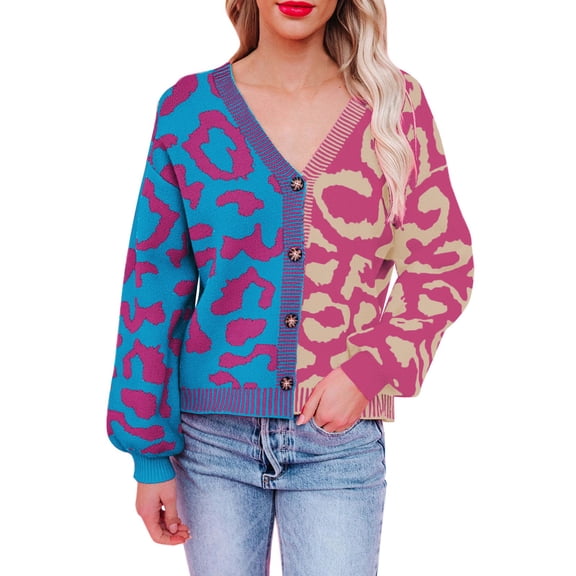 Womens Long Sleeve Rainbow Button Cardigan Leopard Print Colorblock Casual V Neck Loose Knit Sweater Top