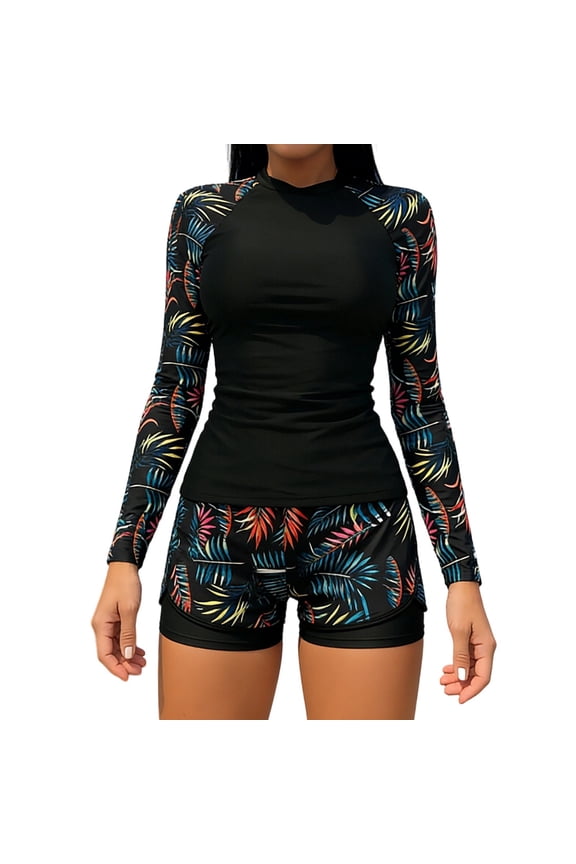 Womens Long Sleeve Rash Guard 2 Piece Surfing Swimsuits Sun Protection Modest Tankini Bathing Suits Lined Swim Shorts(Multicolor M)