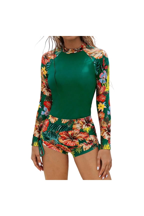 Womens Long Sleeve Rash Guard 2 Piece Surfing Swimsuits Sun Protection Modest Tankini Bathing Suits Swim Shorts(Green M)