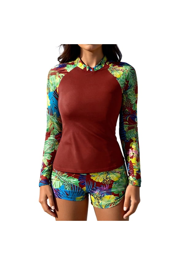 Womens Long Sleeve Rash Guard 2 Piece Surfing Swimsuits Sun Protection Modest Tankini Bathing Suits Swim Shorts(Wine M)