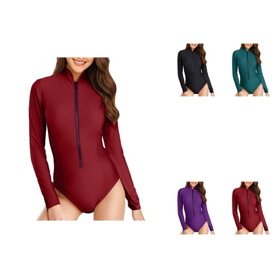 Womens Long Sleeve Rash Guard One Piece Swimsuit with Zipper - UPF 50 Sun Protection for Surfing, Training & Swimming