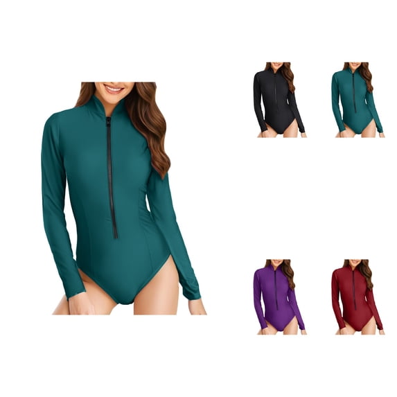 Womens Long Sleeve Rash Guard One Piece Swimsuit with Zipper - UPF 50 Sun Protection for Surfing, Training & Swimming