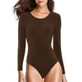 thumbnail image 1 of Womens Long Sleeve Rib Knit Bodysuit Round Neck Solid Color Sexy Ribbed One Piece Romper Onesies Bodycon Tops (Medium, Coffee), 1 of 5