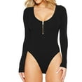 thumbnail image 1 of Womens Long Sleeve Rib Knit Bodysuit Round Neck Solid Color Sexy Ribbed One Piece Romper Onesies Bodycon Tops (Small, Black Zip), 1 of 5