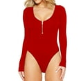 thumbnail image 1 of Womens Long Sleeve Rib Knit Bodysuit Round Neck Solid Color Sexy Ribbed One Piece Romper Onesies Bodycon Tops (Small, Red Zip), 1 of 5