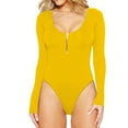 thumbnail image 1 of Womens Long Sleeve Rib Knit Bodysuit Round Neck Solid Color Sexy Ribbed One Piece Romper Onesies Bodycon Tops (Small, Yellow Zip), 1 of 5