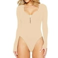 thumbnail image 1 of Womens Long Sleeve Rib Knit Bodysuit Round Neck Solid Color Sexy Ribbed One Piece Romper Onesies Bodycon Tops (XX-Large, Beige Zip), 1 of 5