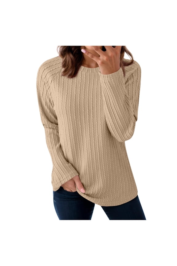 Womens Long Sleeve Rib Knit Shirts Round Neck Pullover Tops Fashion Spring Fall Sweaters Solid Color Casual Tops Trendy 2026 Clothes Loose Comfy Tunic Jumper Sweater Blouses