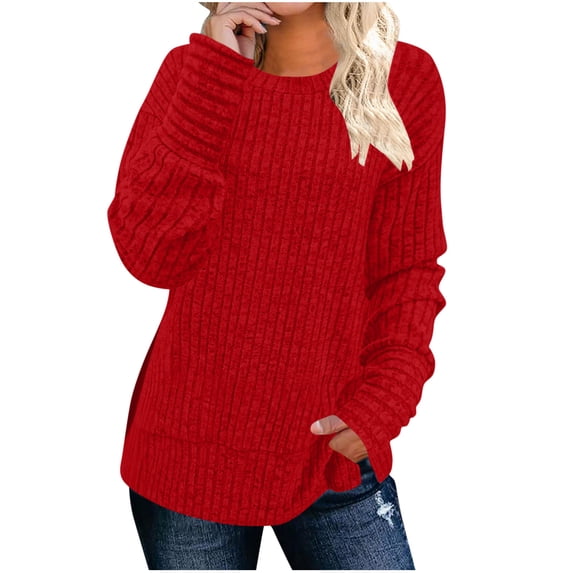 Womens Long Sleeve Rib-knit Tops Lightweight Base Crew Neck Sweaters Solid Color Side Split Hem Casual Pullovers (XL, Red)