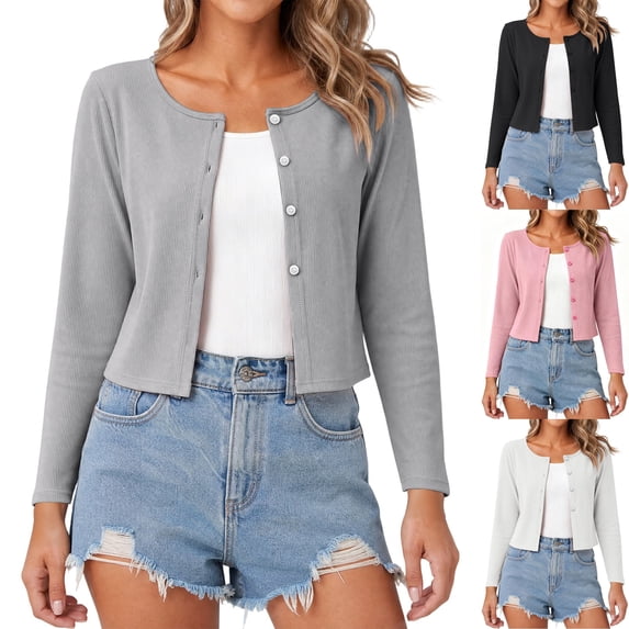 Womens Long Sleeve Ribbed Knit Button Down Cardigan Cropped Crew Neck Open Front Lightweight Layering Tops for Work Office Fall, Gray, L