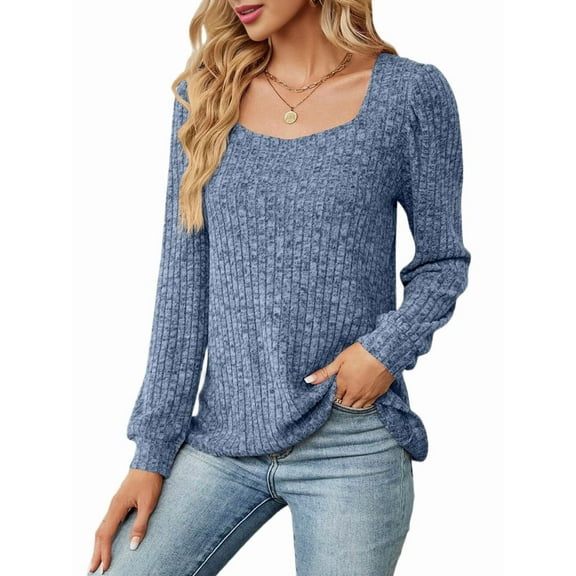 Womens Long Sleeve Ribbed Knit Loose Fit Soft Plain Square Neck Casual Knitwear Sweater Blouses Colorful Orchid L