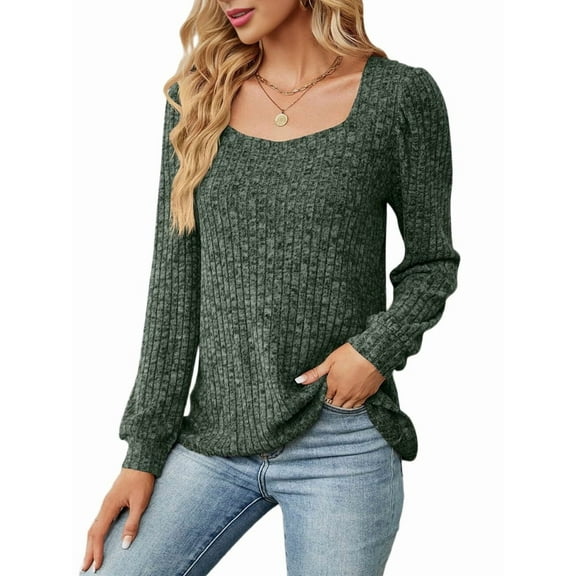 Womens Long Sleeve Ribbed Knit Tops Loose Fit Soft Plain Basic Square Neck Casual Knitwear Sweater Blouses Green M
